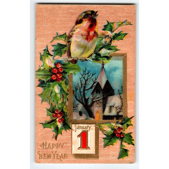 Vintage 1907-1915 New Year Postcard Robin & Snowy Church Lithograph - Picture 1 of 2